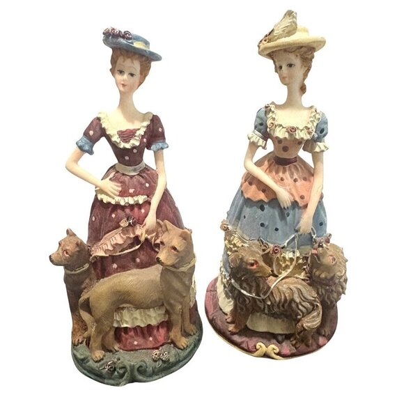 Vintage Victorian Ladies Walking Dogs Figurines With Dogs Set Of 2 - Picture 1 of 9